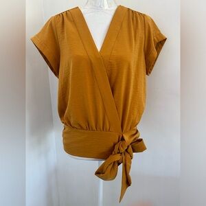 Nine West Yellow Mustard Shirt Womens Large Faux Wrap Tie Top Blouse